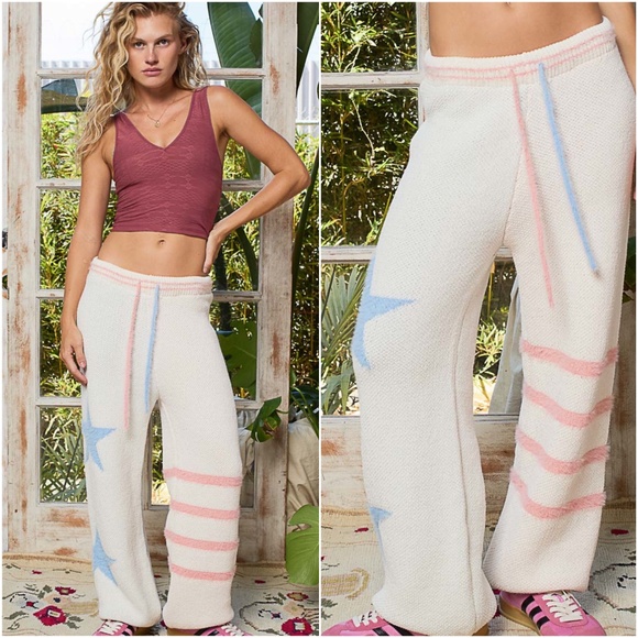 POL Stars Stripes Stretchy waist Drawstring Berber Jogger Pants - Picture 1 of 3